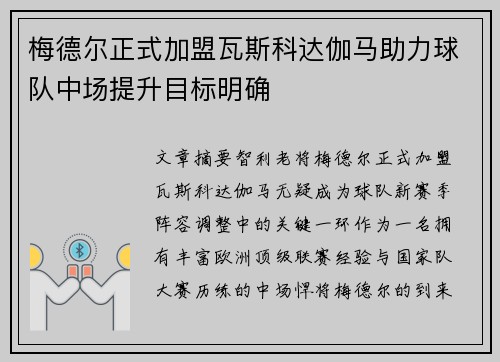 梅德尔正式加盟瓦斯科达伽马助力球队中场提升目标明确