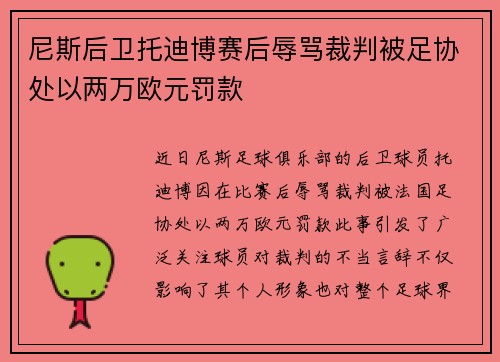 尼斯后卫托迪博赛后辱骂裁判被足协处以两万欧元罚款